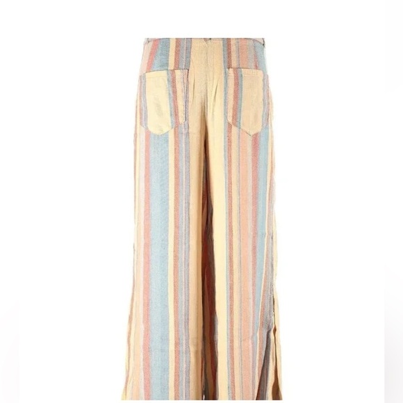 Anthropologie Beachy Wide Leg Soft Neutral Linen Coastal Striped Pants 10 Petite - Picture 7 of 8